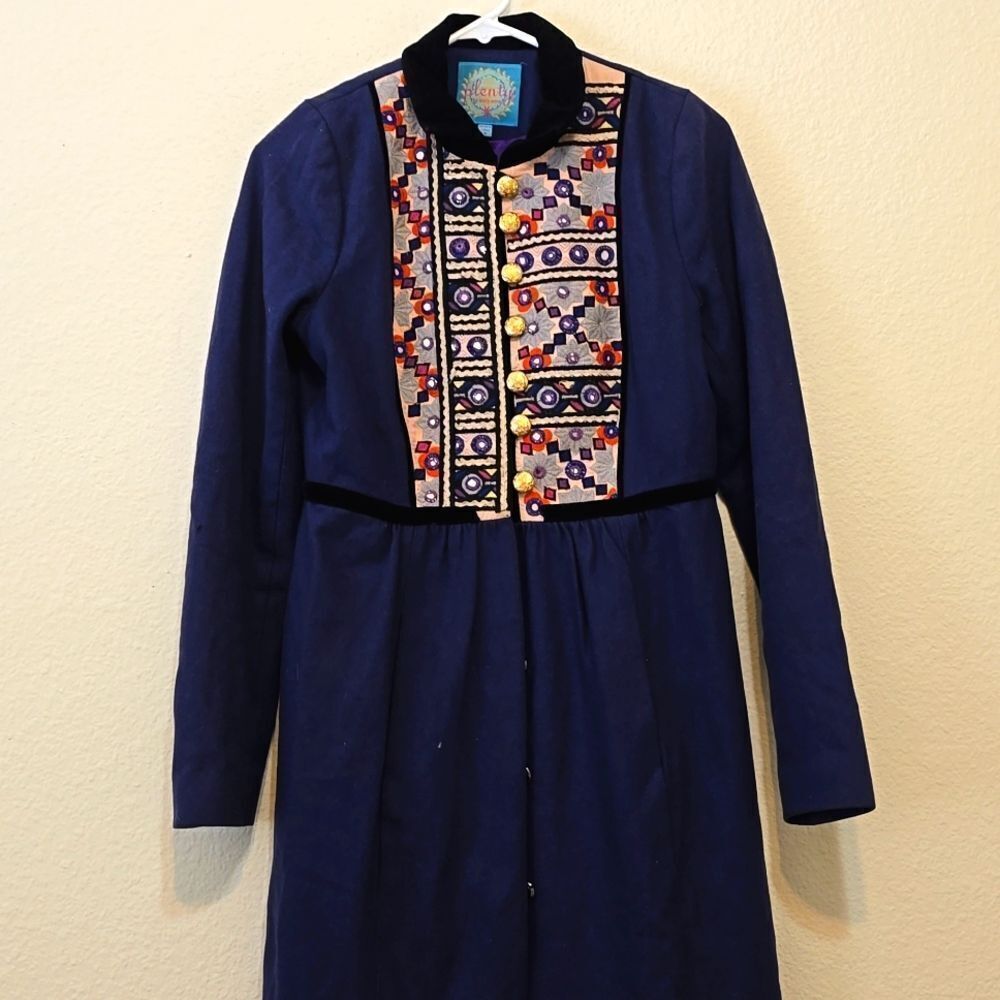 Anthropologie Plenty Tracy Reese Blue Purple Wool Boho Coat size 4